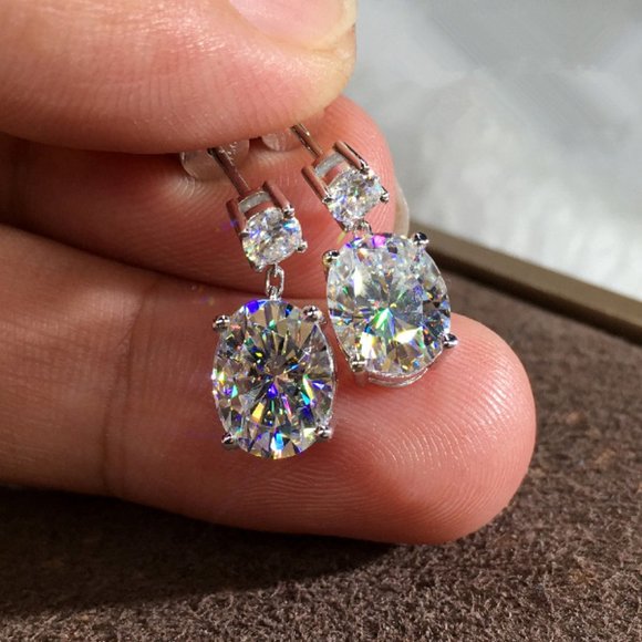 "Shiny Big Oval Zircon Silver Plated Drop Earrings for Women, VP1011 - Picture 3 of 5